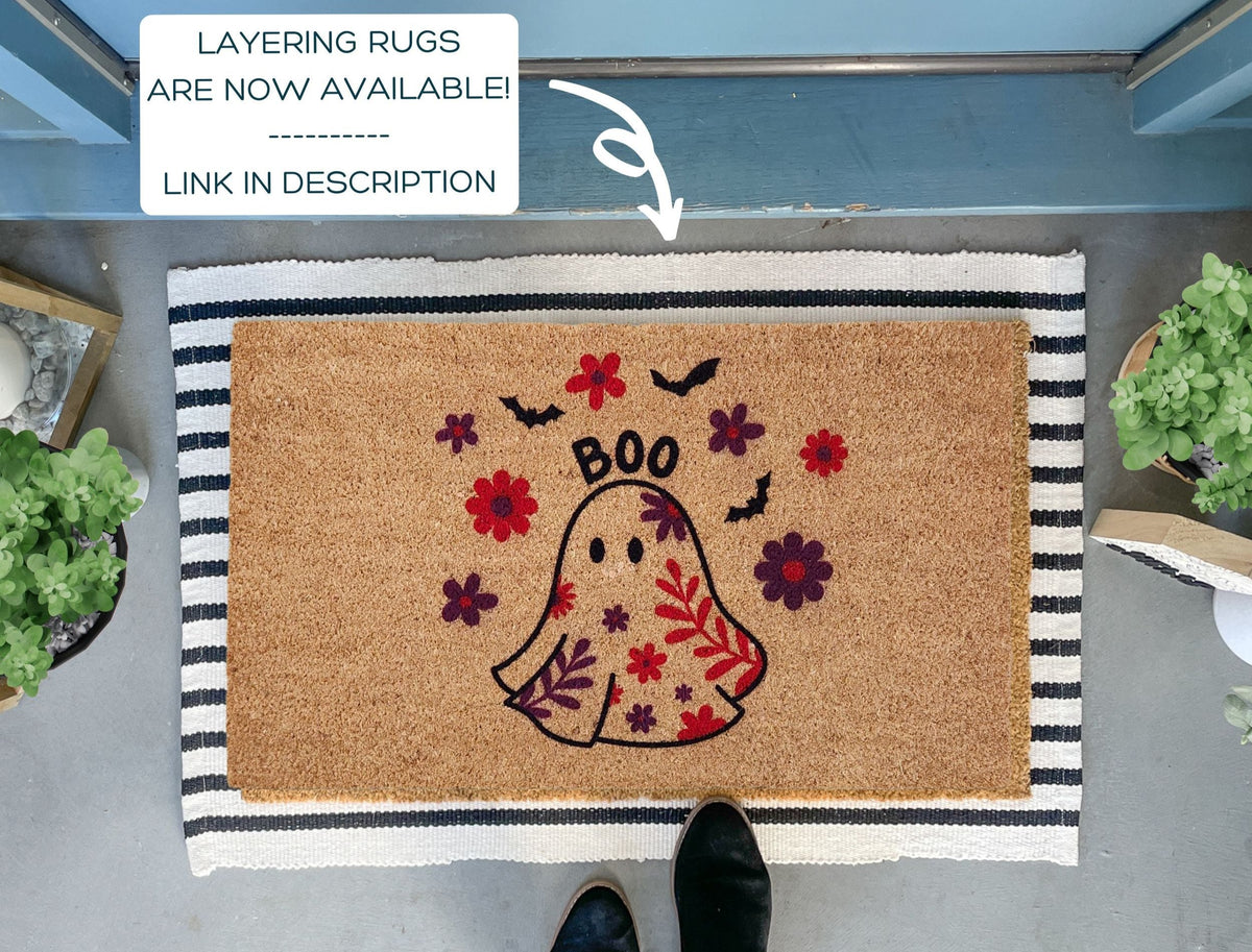 Floral Ghost Doormat for Halloween | Outdoor Doormat | Nickel Designs