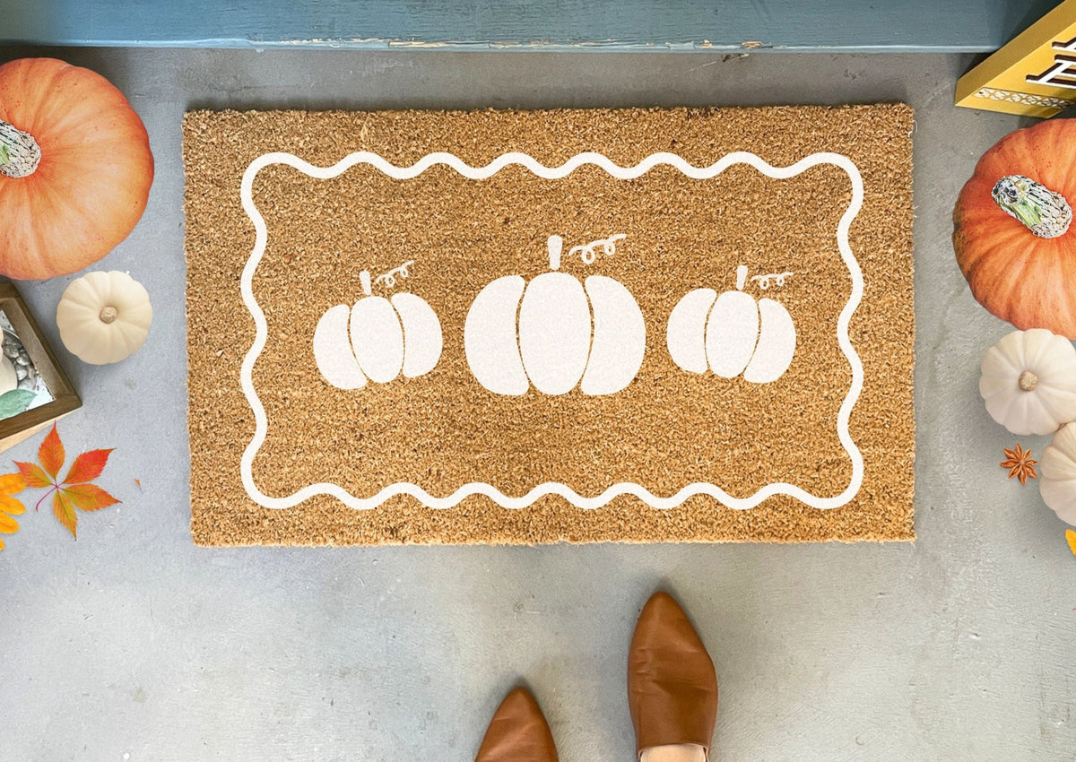 White Pumpkins Fall Doormat with Scallop Border | Nickel Designs