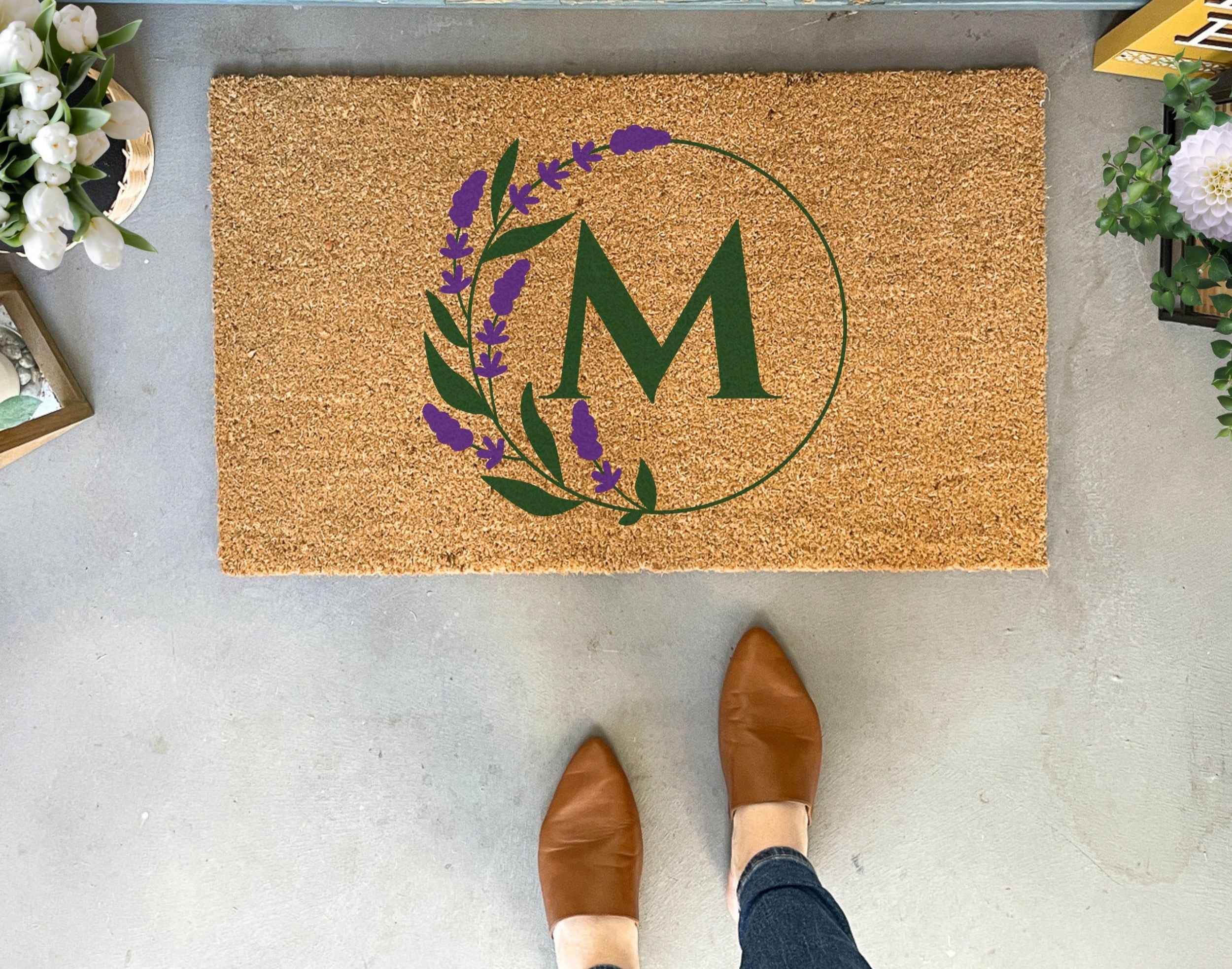 Doormat Initial Insert Personalized Initial Doormat with Lavender Design | Custom Doormats