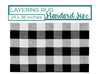 A black, white, and gray buffalo plaid layering rug shown on a white background with a teal text header reading 'LAYERING RUG 24 x 36 inches Standard Size' and a Nickel Designs logo in the bottom right corner.